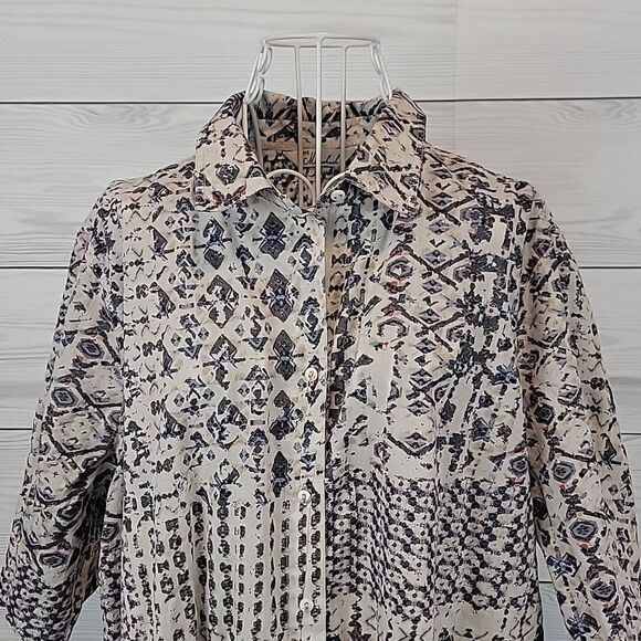 Cafe Marrakesh button-down shirt abstract print - grey & tan Women's Size XL - Picture 2 of 9
